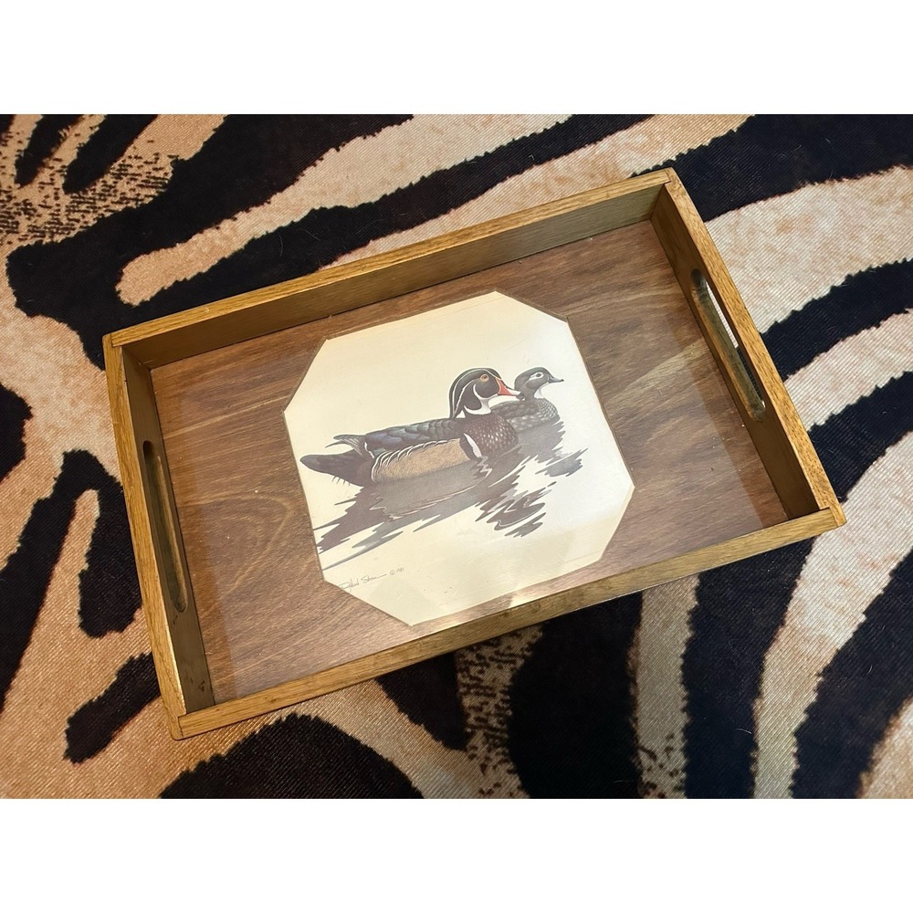 Richard Sloan 1981 Duck Print Handmade Wooden Serving Tray 17 x 11
